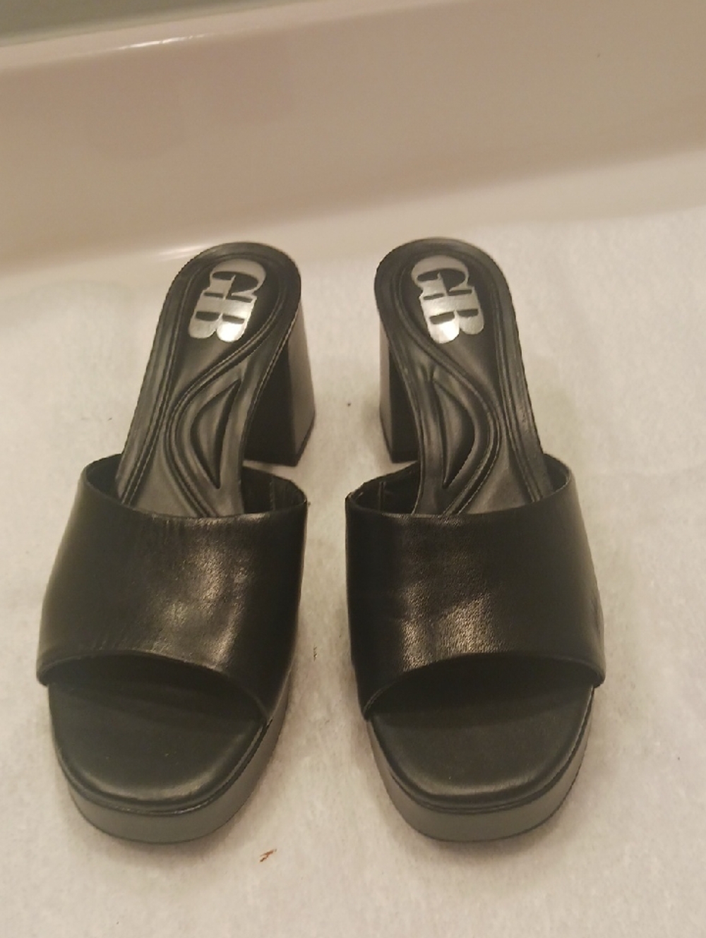 Gianni Bini Black Leather Slide Mules with Block Heel
